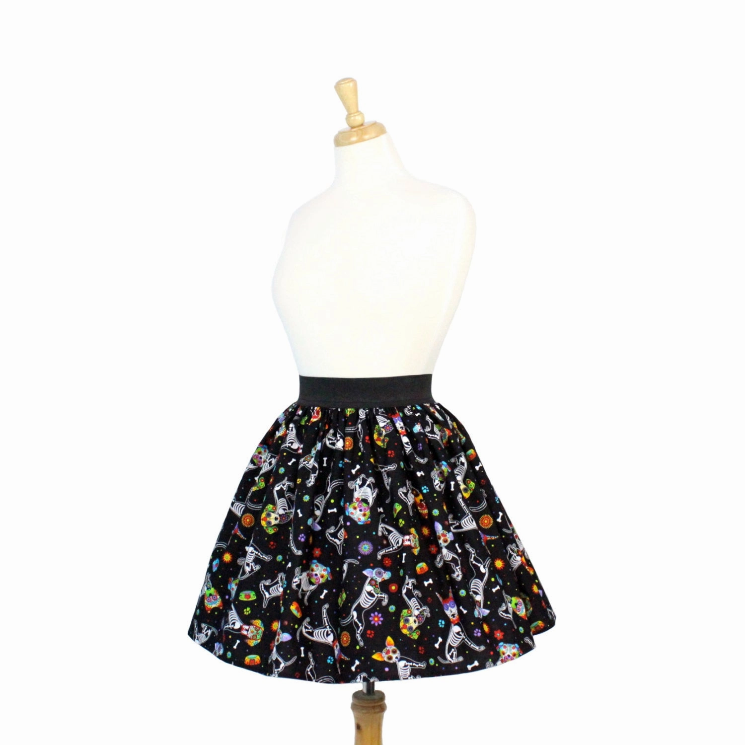 Day of the Dead Dog Pleated Skirt #PS-D331 High Rise Hand Stitched