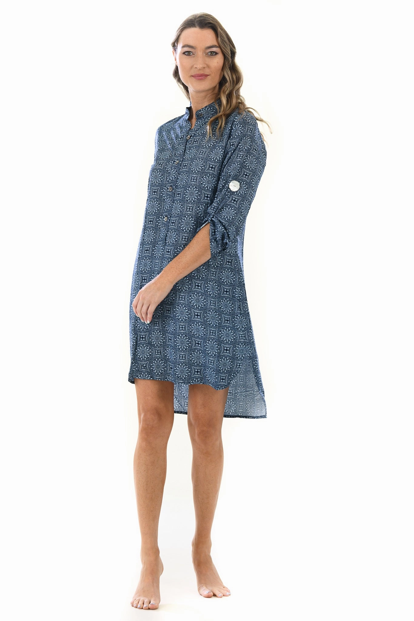 Day Tripper Dress / Indigo Medallion Flattering Waist Fit High low hem