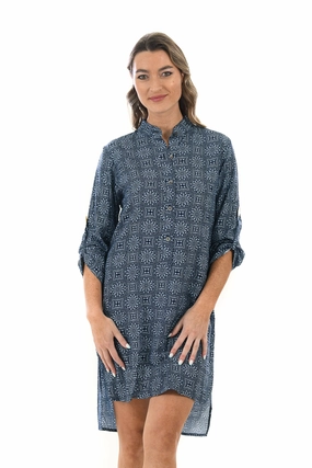 Day Tripper Dress / Indigo Medallion Statement-Buttons Pop Texture