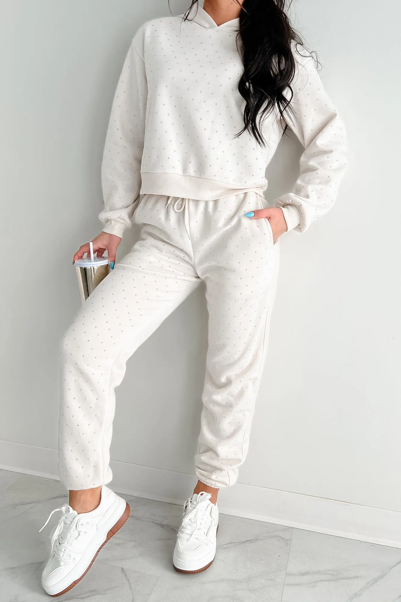 Dazzle and Dream Rhinestone Hoodie And Jogger Set (Sand) Office Attire Modular Pocket Layout