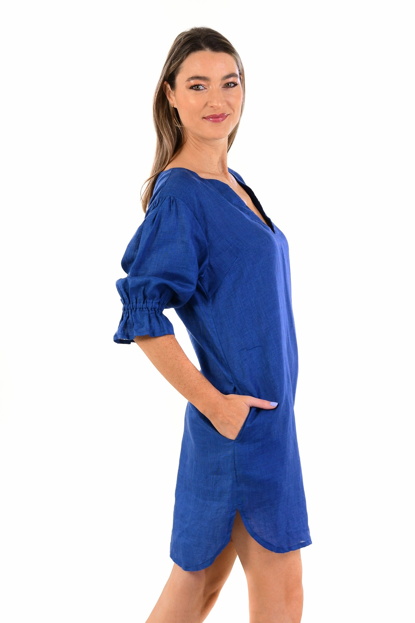 Deborah Dress / Indigo Shirred-Detail