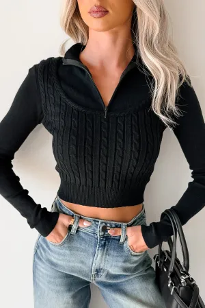 AdjustableDrawstring YarnBlend Deedra Ribbed Zip-Up Top (Black)