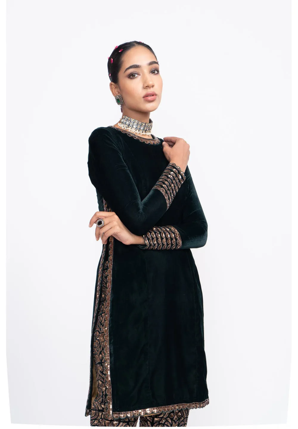 Deep Green Velvet Kurta Set