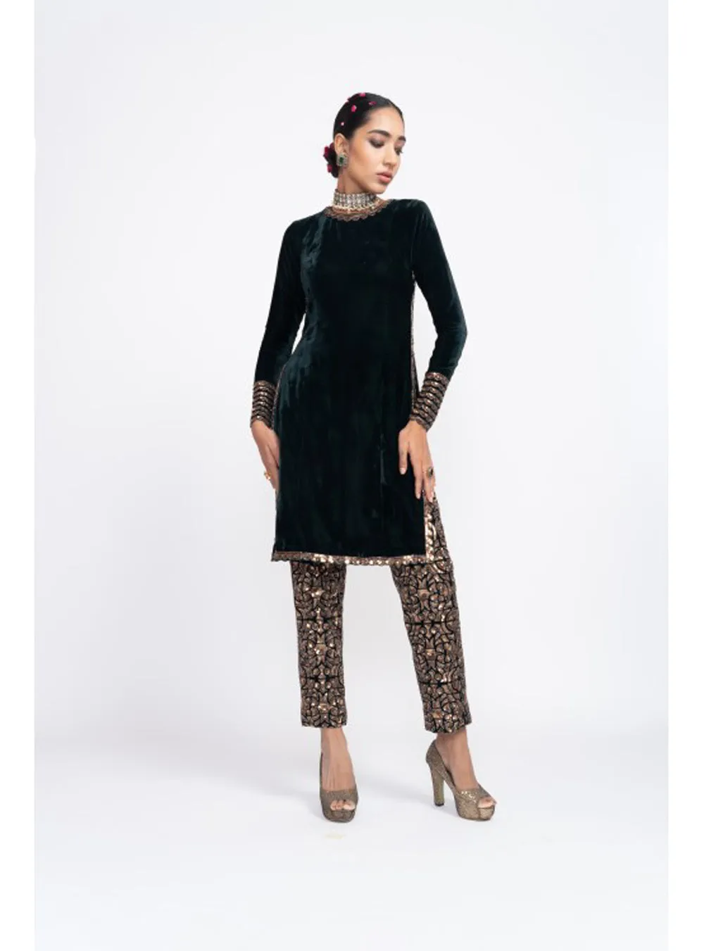 Deep Green Velvet Kurta Set