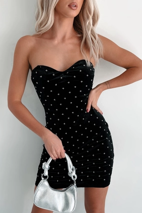 Fresh Fit Soft Outfit Defying Expectations Quilt Stitch Beaded Velvet Dress (Black)