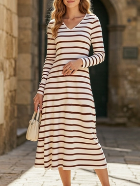 Easy Layers Bridal-Shower Long-sleeved striped print V-neck pullover dress