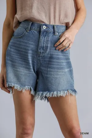 Denim High Rise Denim Shorts With Raw Hem