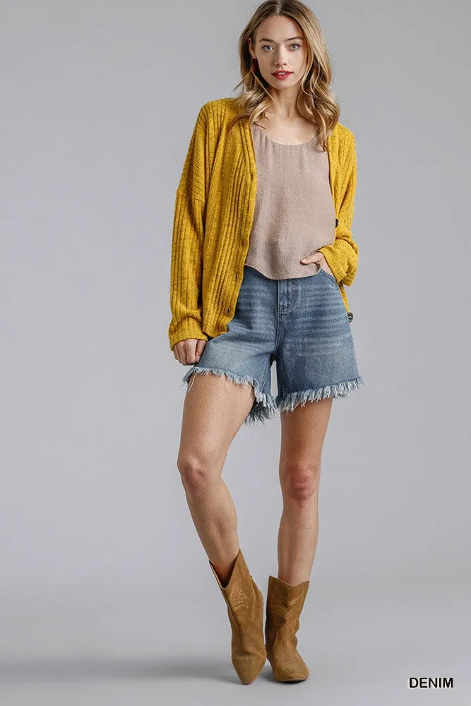 Denim High Rise Denim Shorts With Raw Hem