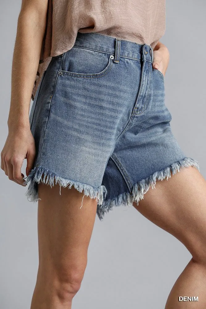Denim High Rise Denim Shorts With Raw Hem