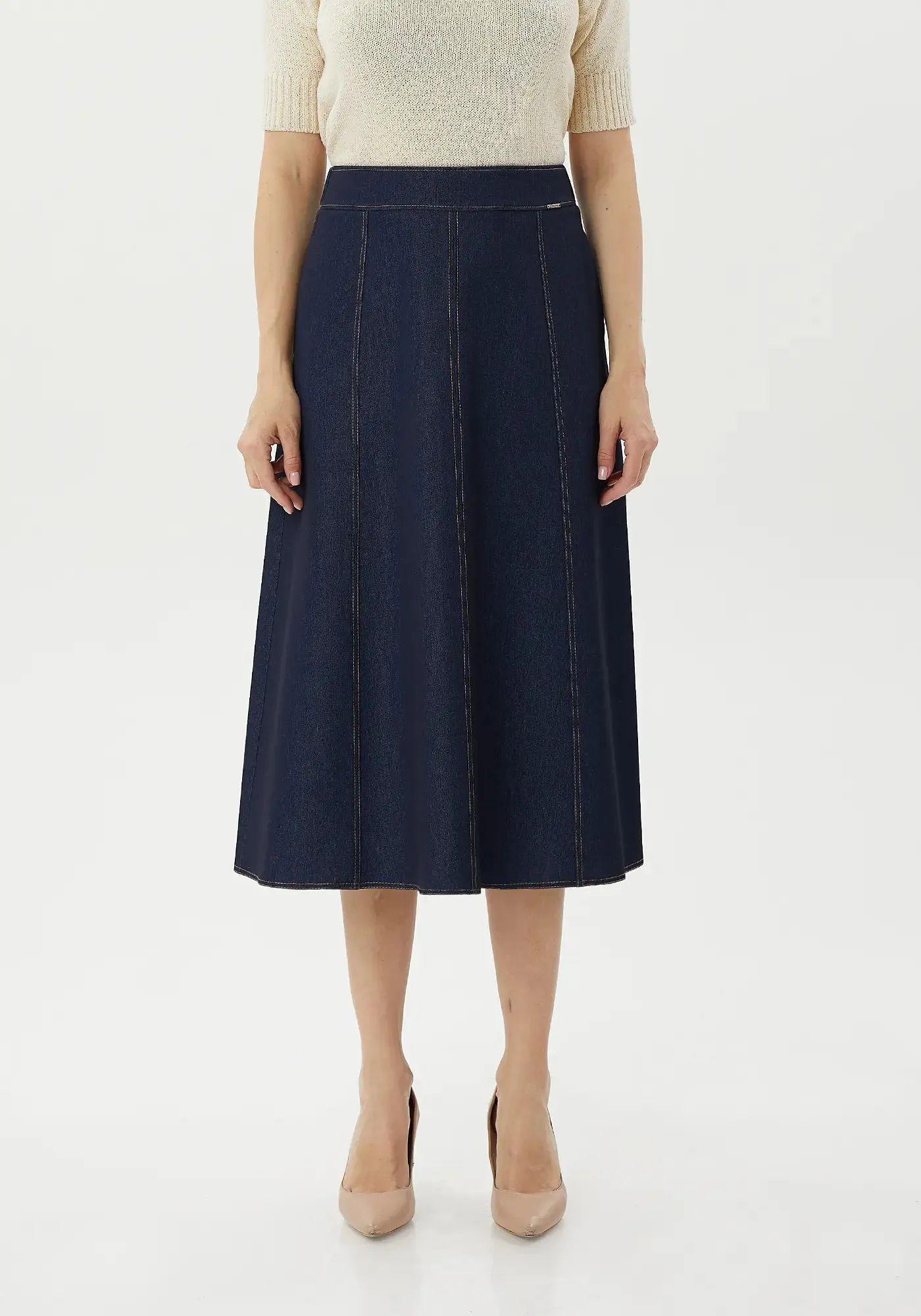Denim Midi Skirt with Boho A-Line Design, Below the Knee