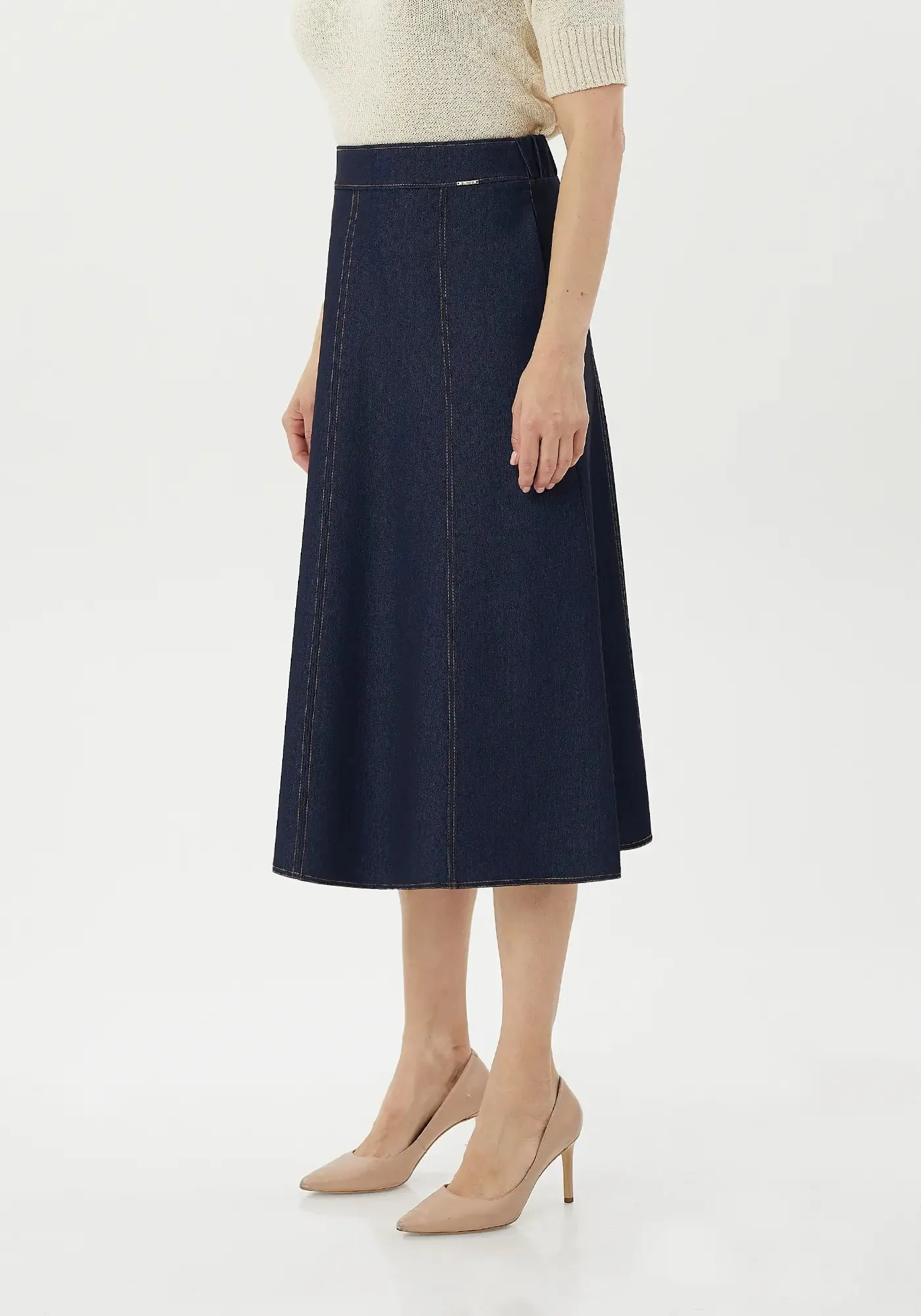 Denim Midi Skirt with Boho A-Line Design, Below the Knee