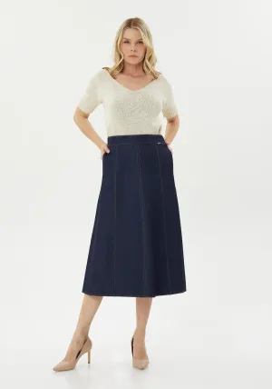 Denim Midi Skirt with Boho A-Line Design, Below the Knee