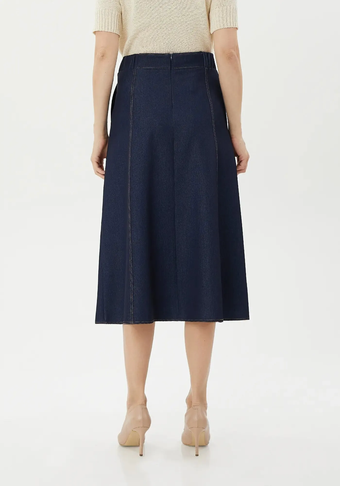Denim Midi Skirt with Boho A-Line Design, Below the Knee
