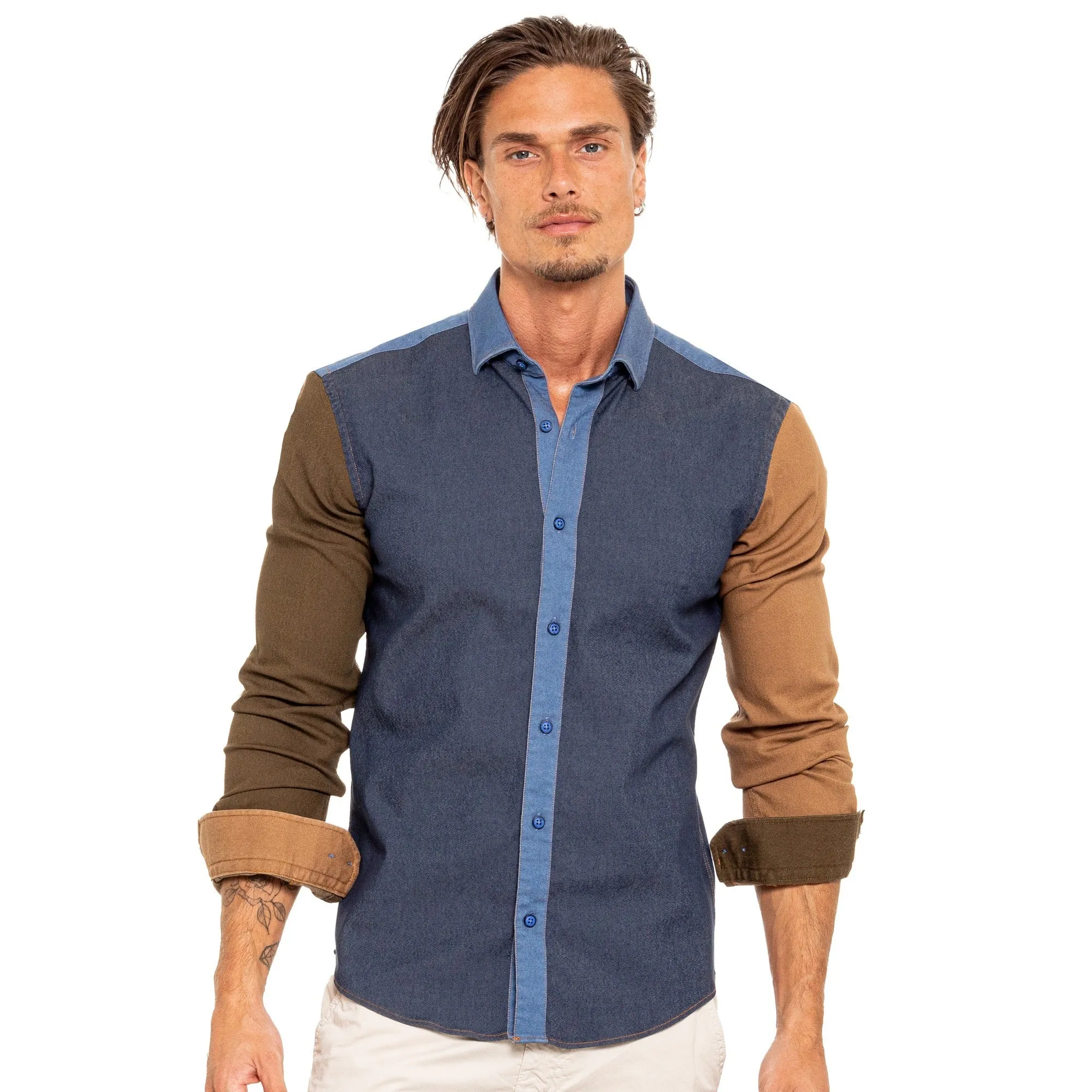 Denim Sections Stretch Button Down Shirt - Dark