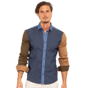 Denim Sections Stretch Button Down Shirt - Dark