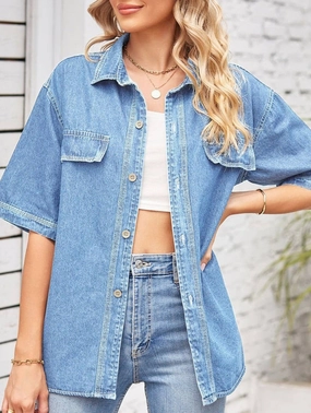 DENIM SINGLE BREASTED SHORT SLEEVE CASUAL SHIRT_CWTSTS0247 SeamlessDesign
