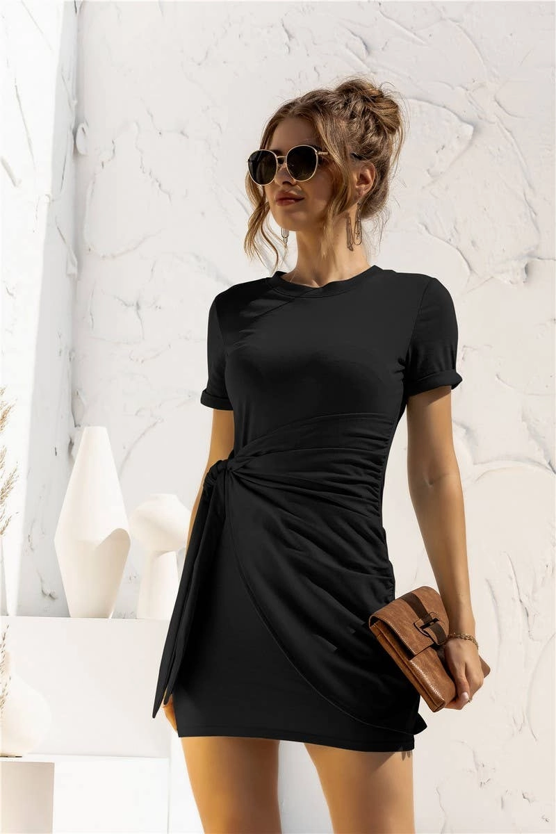 Sleek Flow Linen Soft DESIGN SENSE LACE UP SHORT SLEEVED DRESS_CWDSD2628