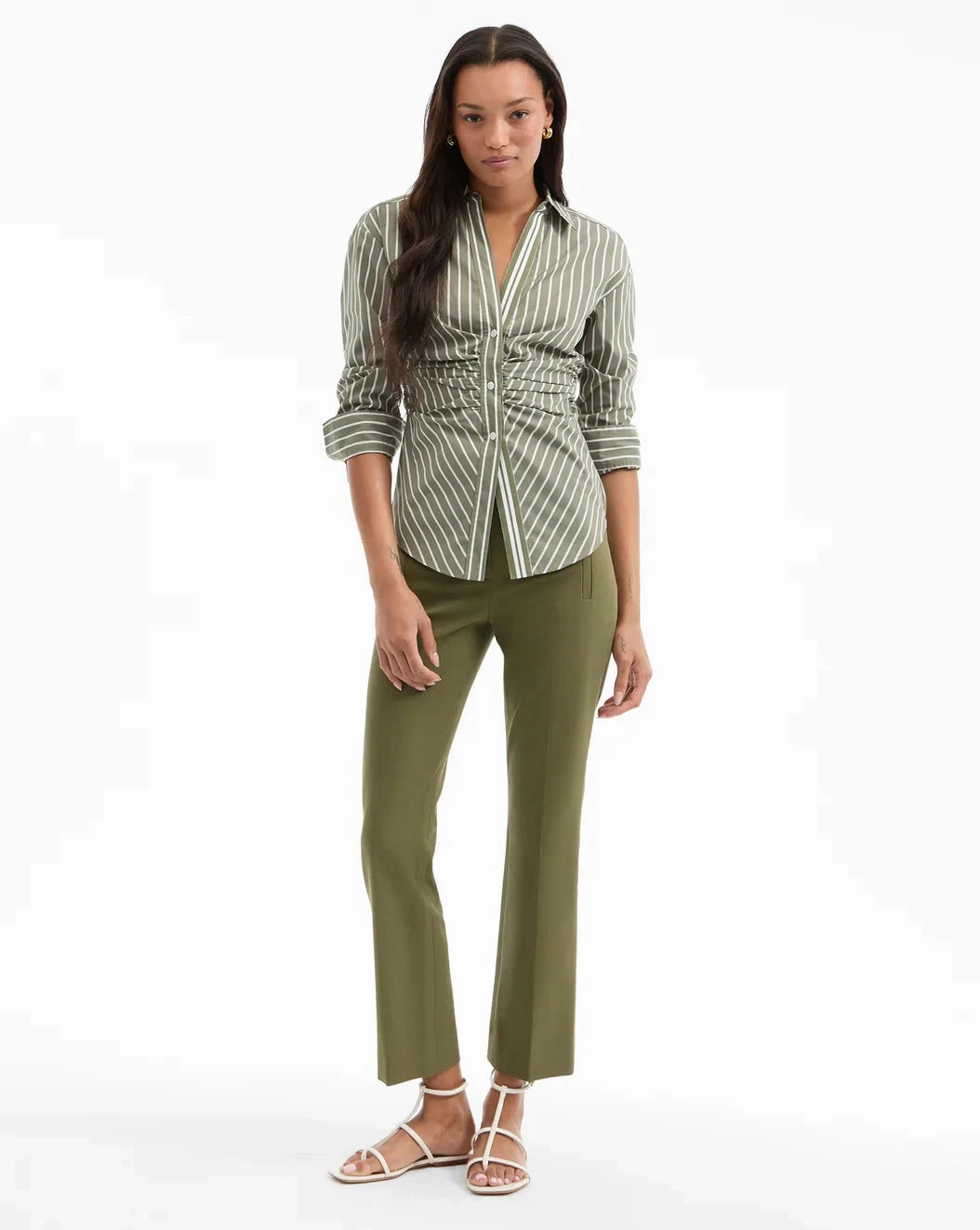 Devra Ruched Button-Down Shirt Stone Army/White Hidden Ventilation Zones Soft Touch Fabric