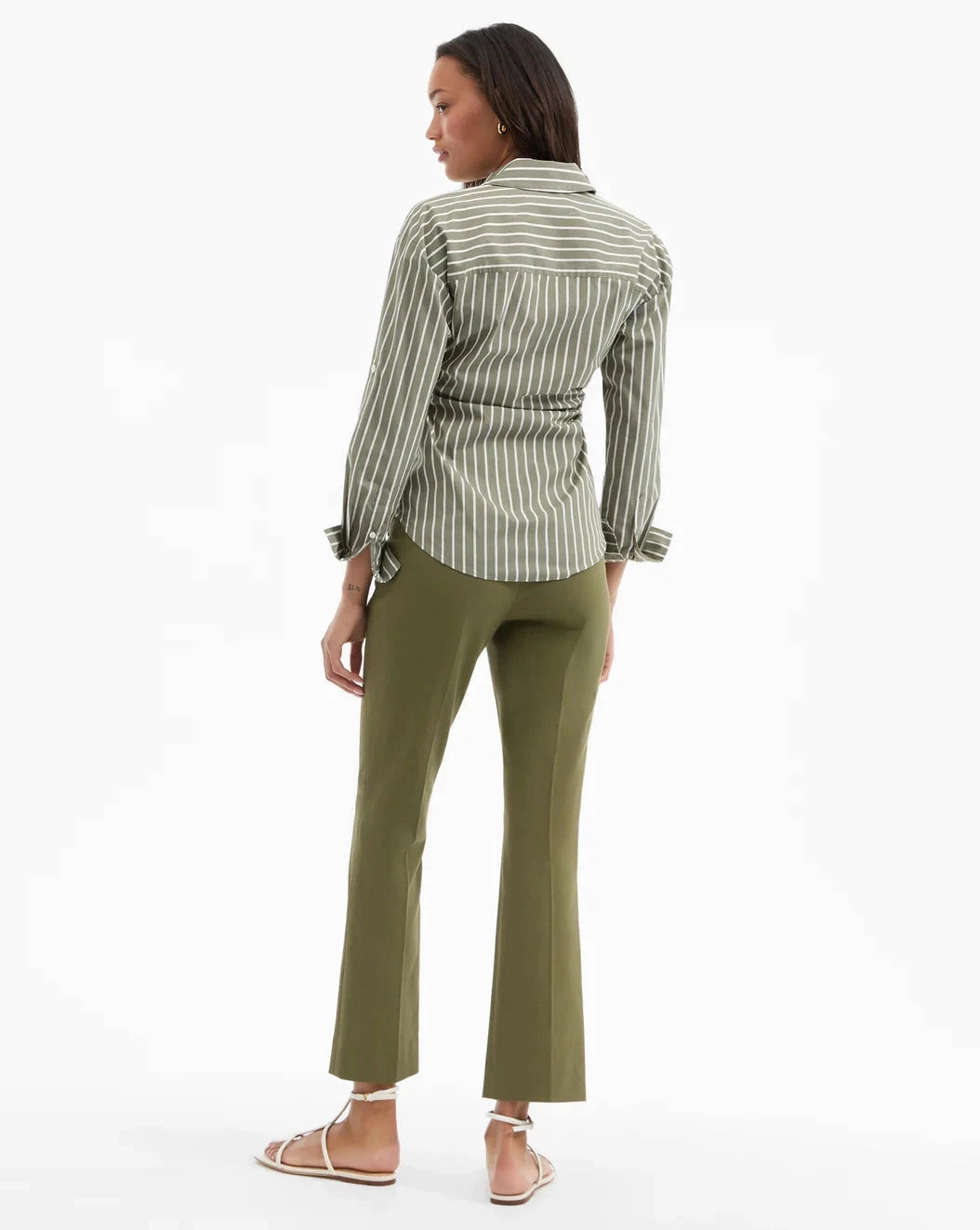 Devra Ruched Button-Down Shirt Stone Army/White SeamlessConstruction Breathable Material