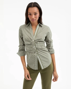 Durable Reinforced Elbows Devra Ruched Button-Down Shirt Stone Army/White