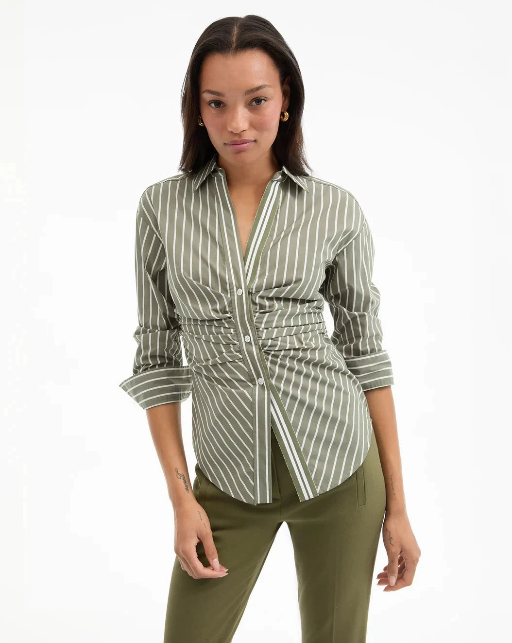 Durable Reinforced Elbows Devra Ruched Button-Down Shirt Stone Army/White