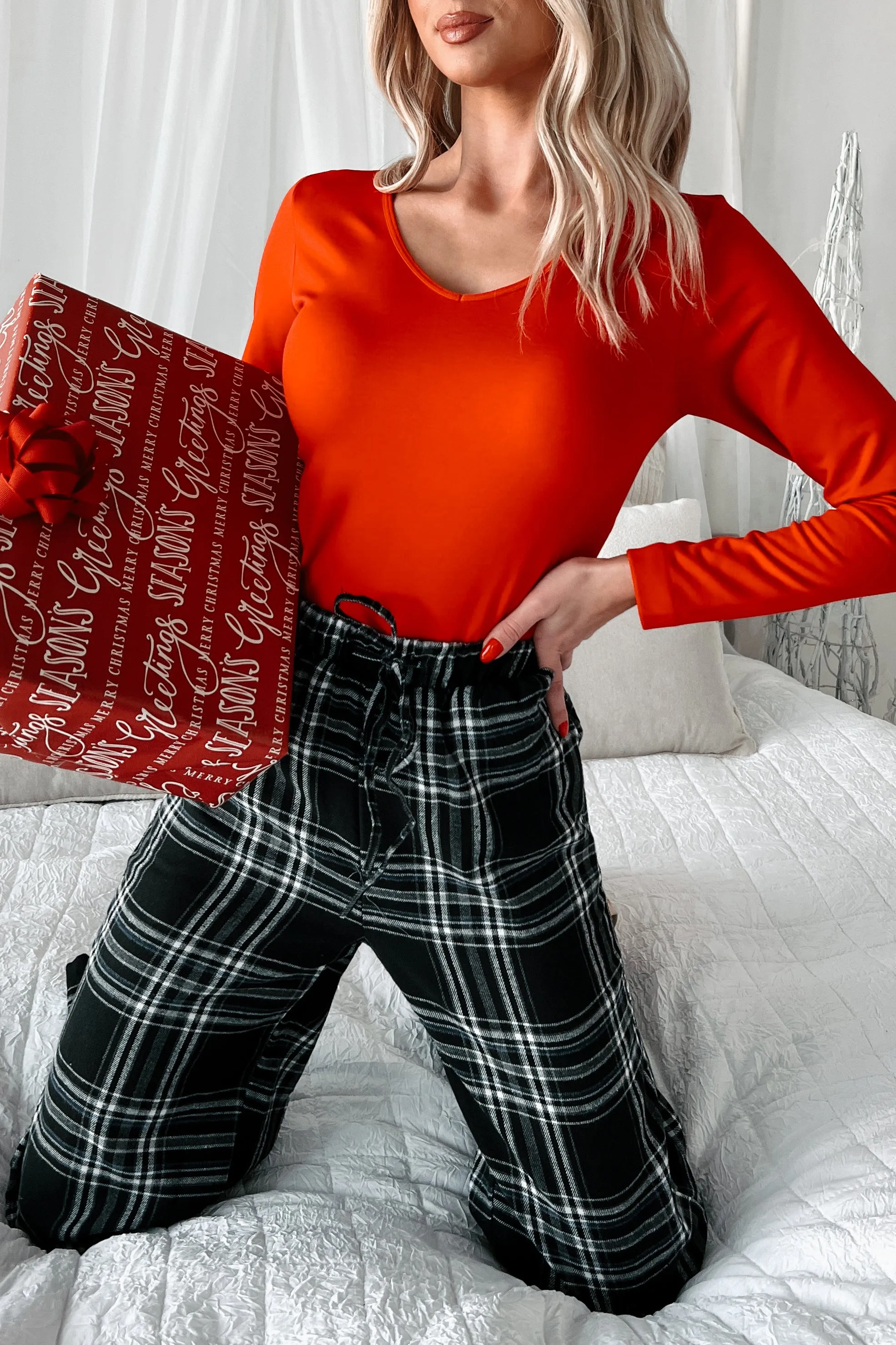 Weighted Hem Trim High Neckline DOORBUSTER Kind Glance Fleece Lined V-Neck Top (Red)