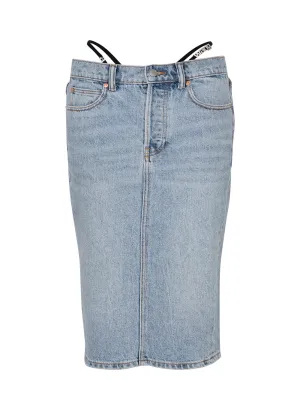 Diamanté Thong Midi Skirt In Denim (Vintage Fade)