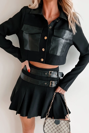 casual finish Different Type Of Girl Crop Jacket & Skirt Set (Black)