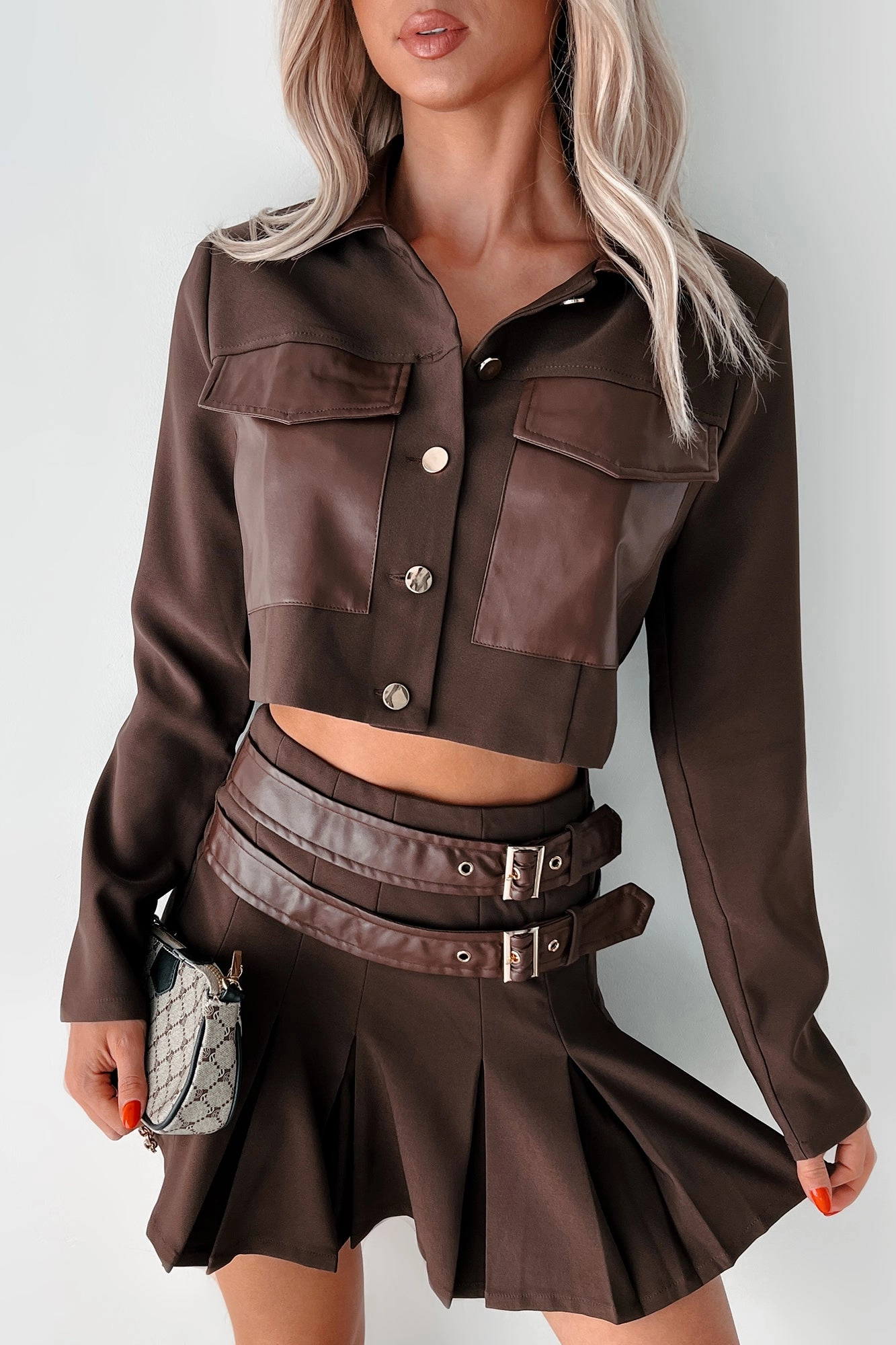 Light Moodboard Different Type Of Girl Crop Jacket & Skirt Set (Chocolate)