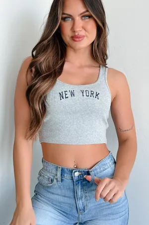 New York Dreamer Ribbed "New York" Crop Tank (Heather Grey) Subtle Texture Weave VNeck Style