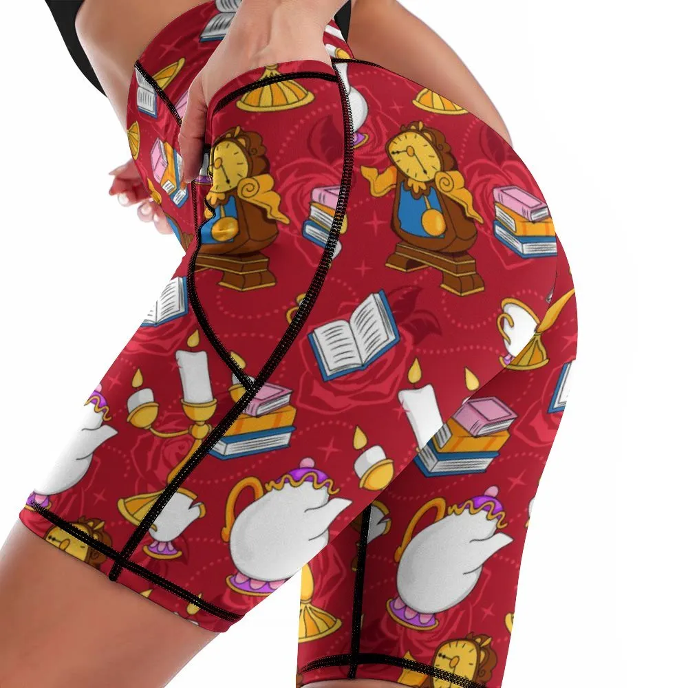 Disney Beauty And The Beast Belle's Friends Women's Knee Length Athletic Yoga Shorts With Pockets