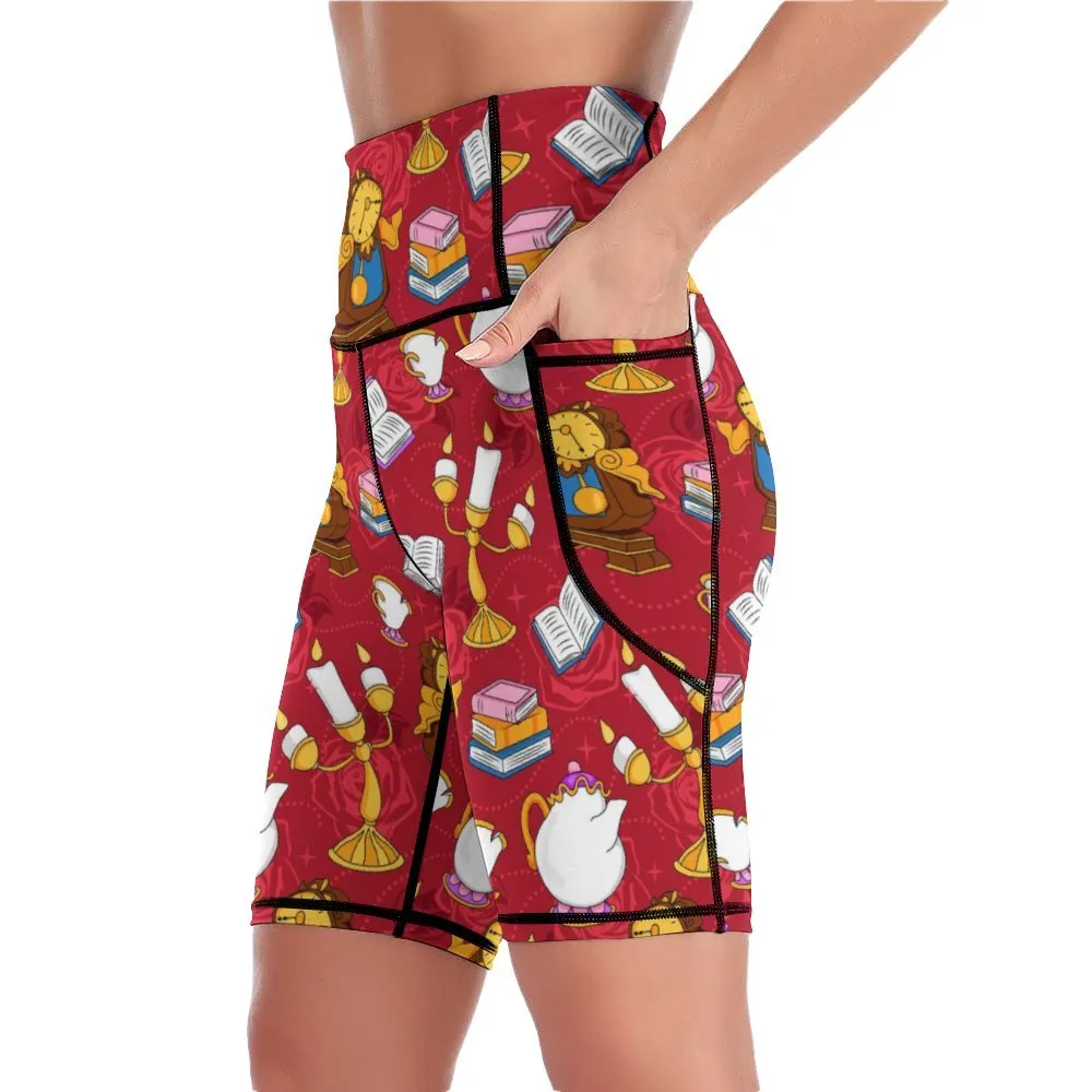 Disney Beauty And The Beast Belle's Friends Women's Knee Length Athletic Yoga Shorts With Pockets