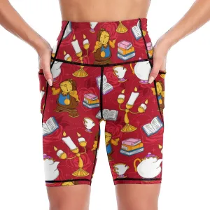 Disney Beauty And The Beast Belle's Friends Women's Knee Length Athletic Yoga Shorts With Pockets