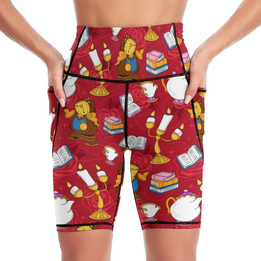 Disney Beauty And The Beast Belle's Friends Women's Knee Length Athletic Yoga Shorts With Pockets