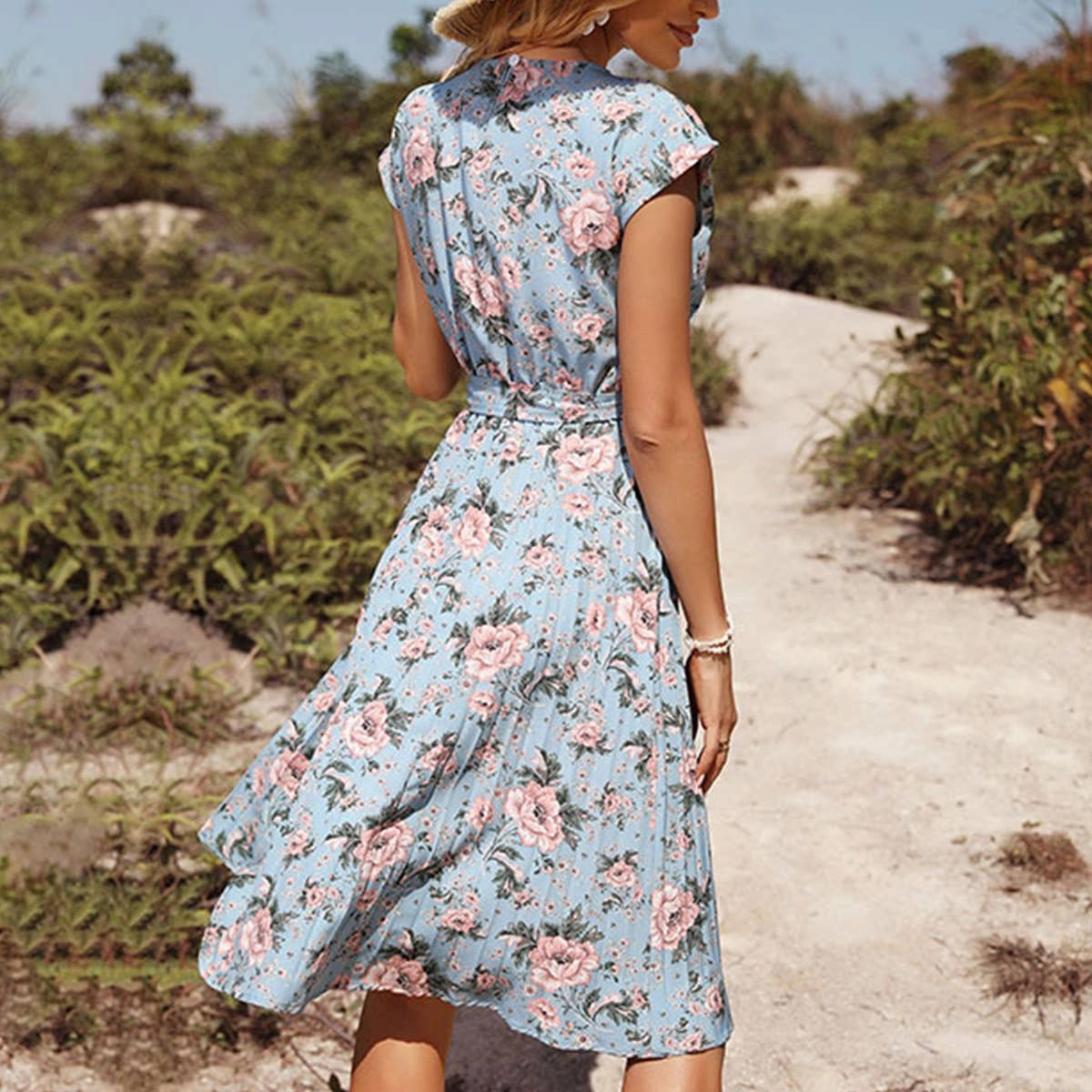 Sophisticated Appeal Blue floral print holiday dress_CWDSD3390