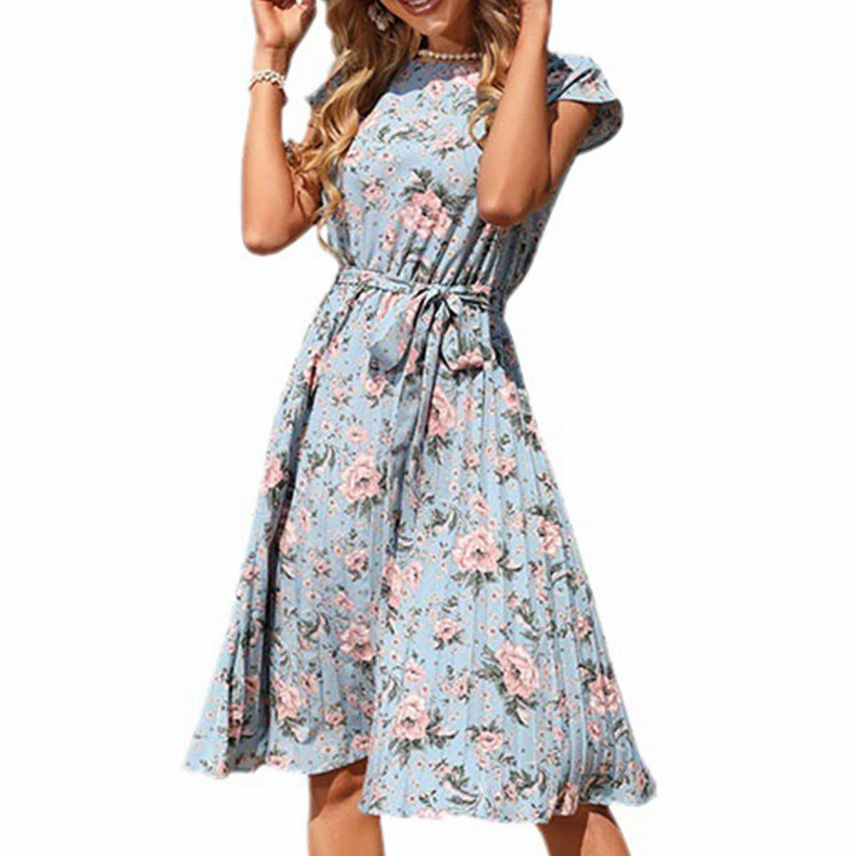 Dreamy Motion Full Coverage Blue floral print holiday dress_CWDSD3390