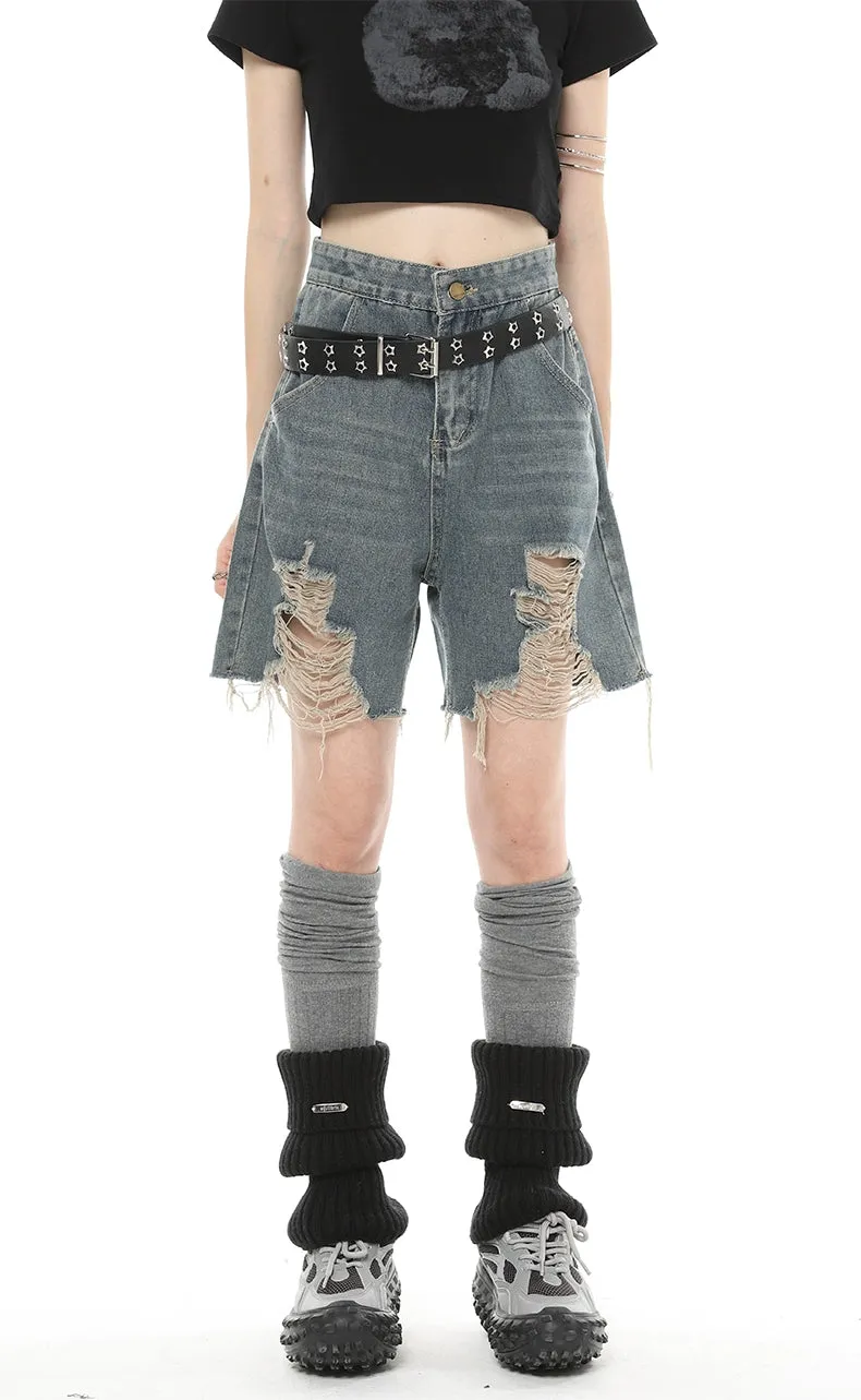 Distressed Denim Bermuda Straight-Leg Shorts