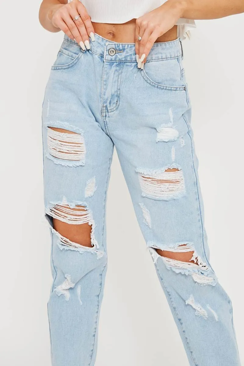 Distressed Ripped Denim Mom Jeans - Blue