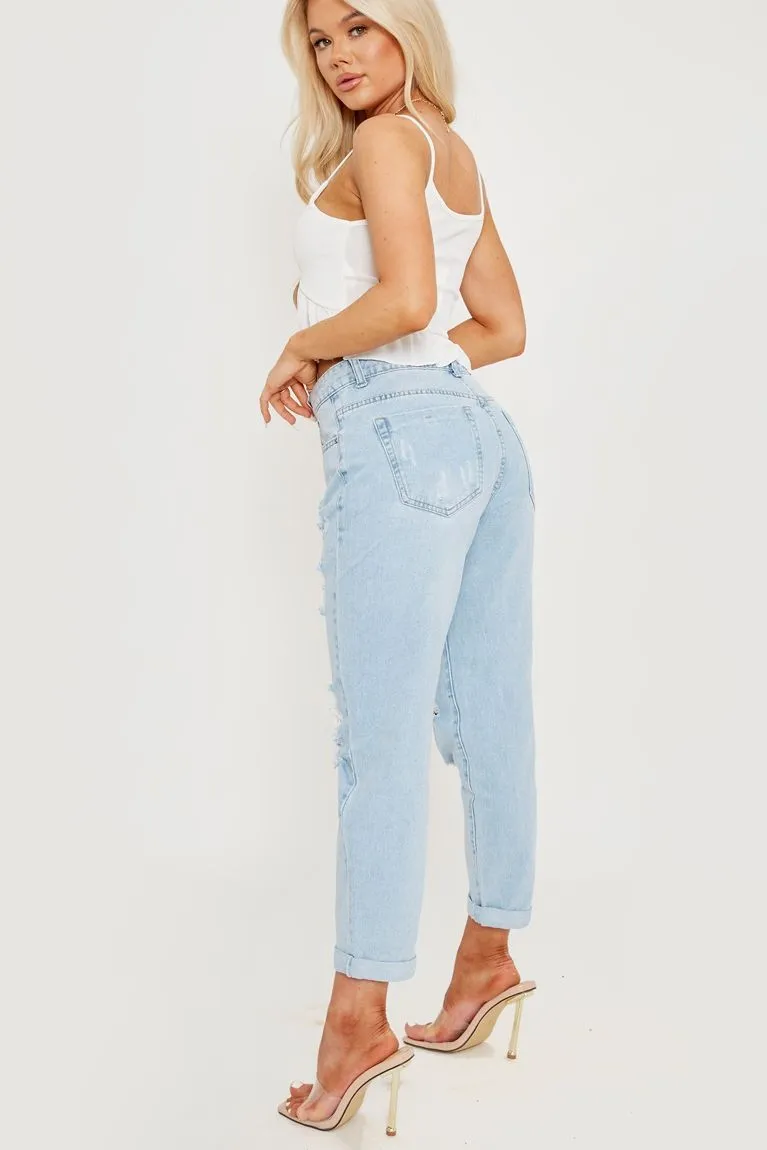 Distressed Ripped Denim Mom Jeans - Blue