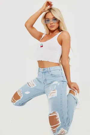 Distressed Ripped Denim Mom Jeans - Blue