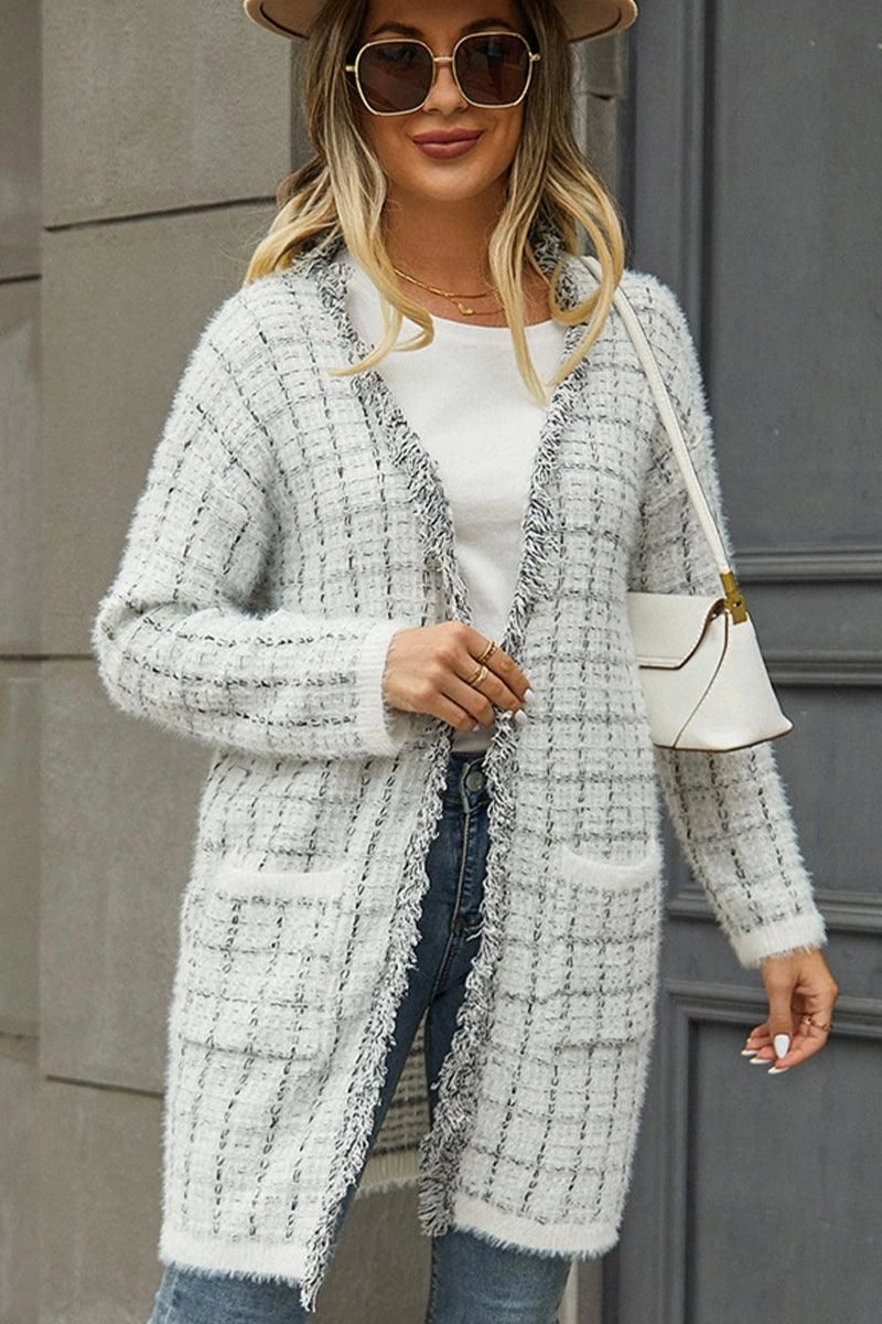 Interlock Weave AbrasionResistant Finish DISTRESSED PLAID PATTERN CARDIGAN FOR WOMEN