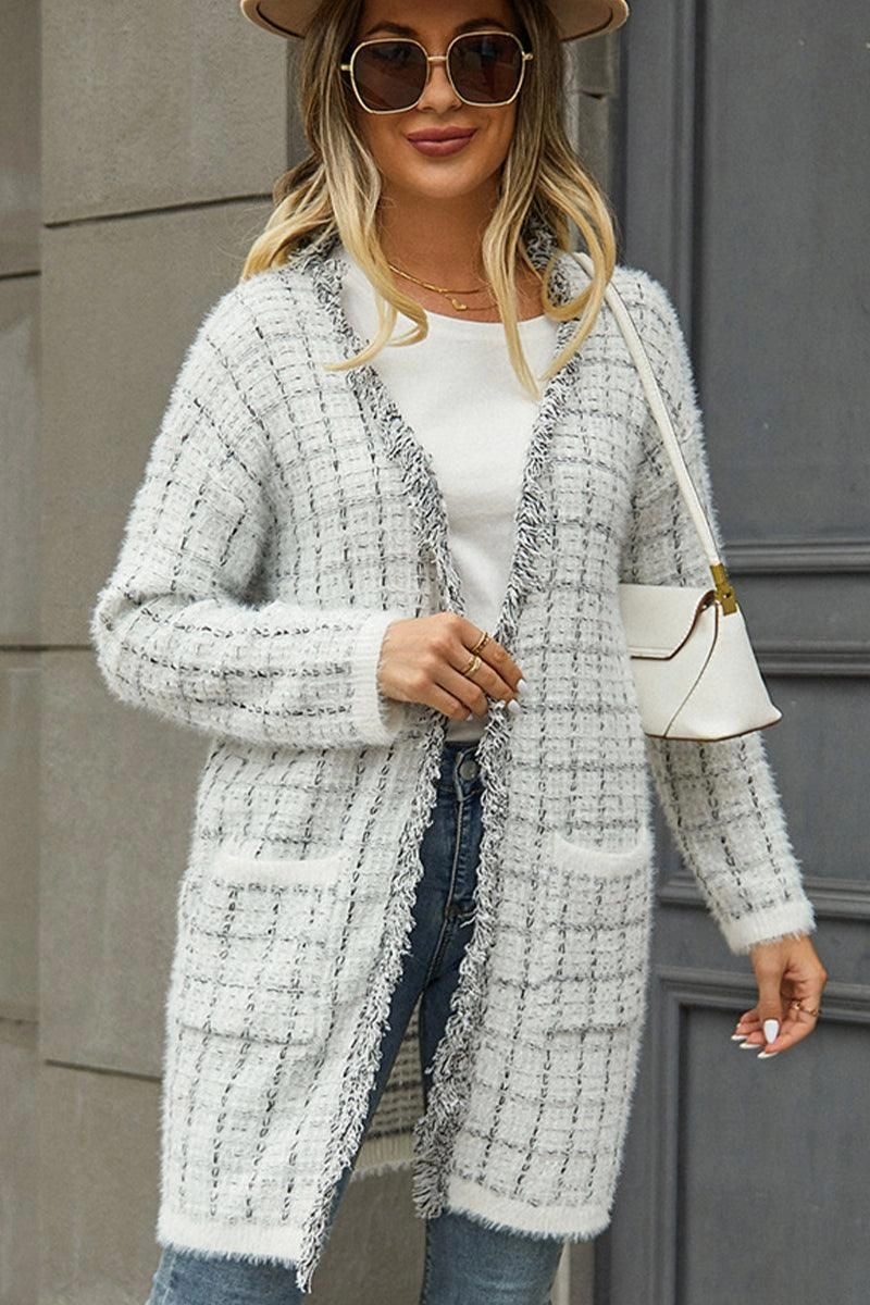 DoubleStitchedHem TexturedSurface DISTRESSED PLAID PATTERN CARDIGAN FOR WOMEN