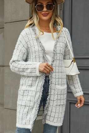 DISTRESSED PLAID PATTERN CARDIGAN FOR WOMEN Quick Release Buttons Adjustable Hem Toggles