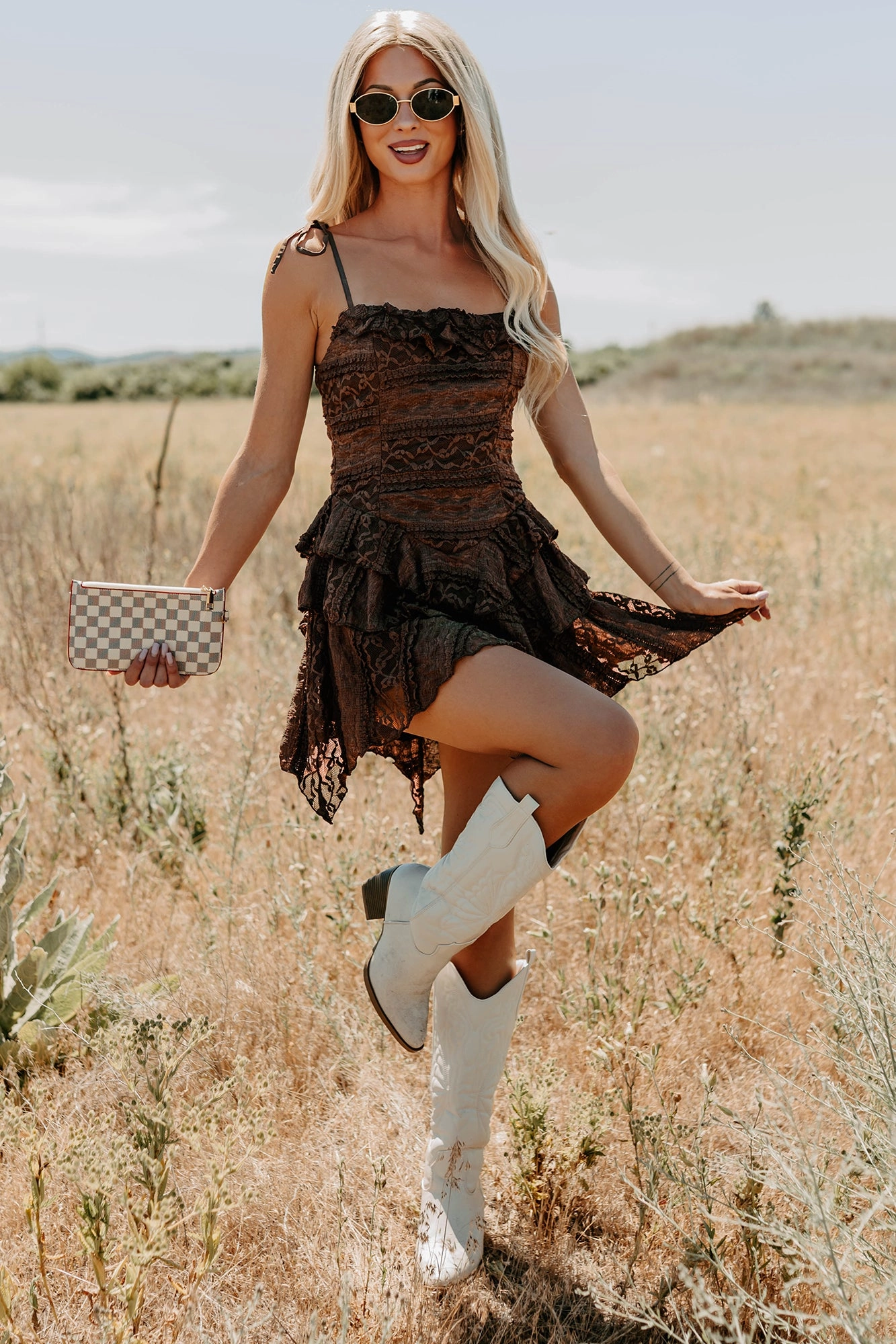 Soft Finish Contemporary Style Divine Energy Sleeveless Lace Mini Dress (Mocha)