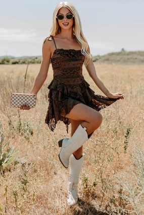 Divine Energy Sleeveless Lace Mini Dress (Mocha) Silk Shine