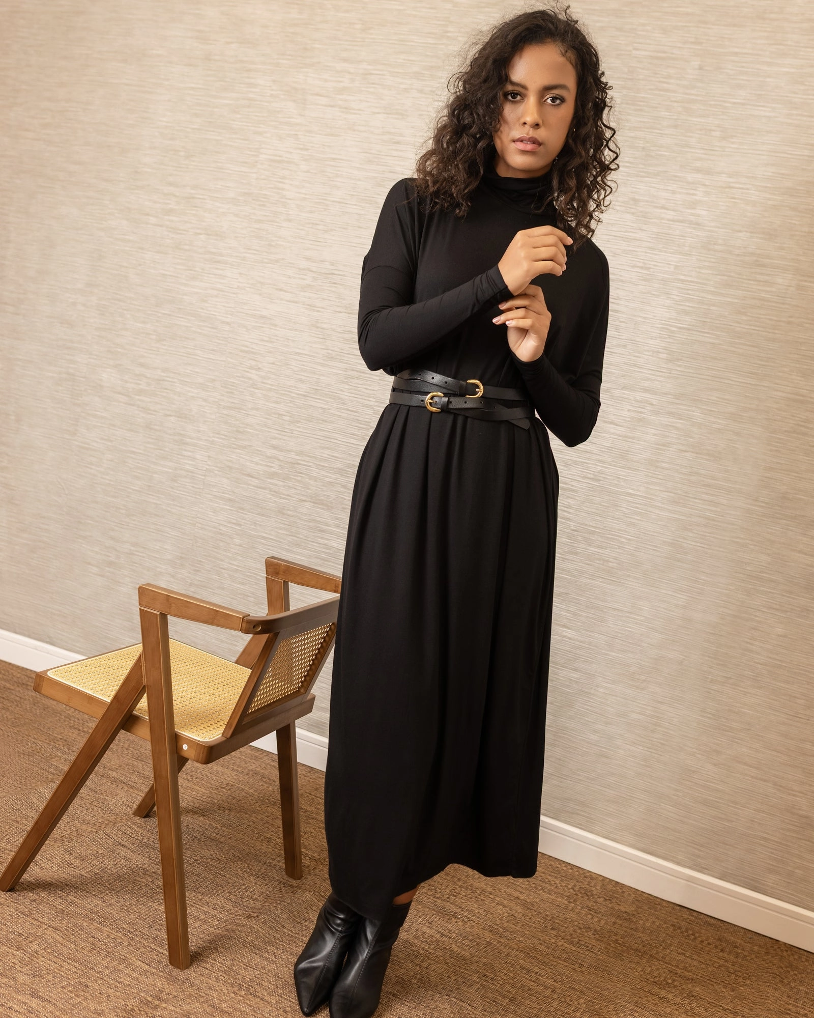 Mid Season Dolman Turtleneck Dress | Black