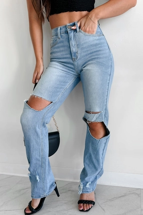 Seamless Waistband Don't Delay High Rise Distressed Straight Leg Dogma Jeans (Medium Wash)