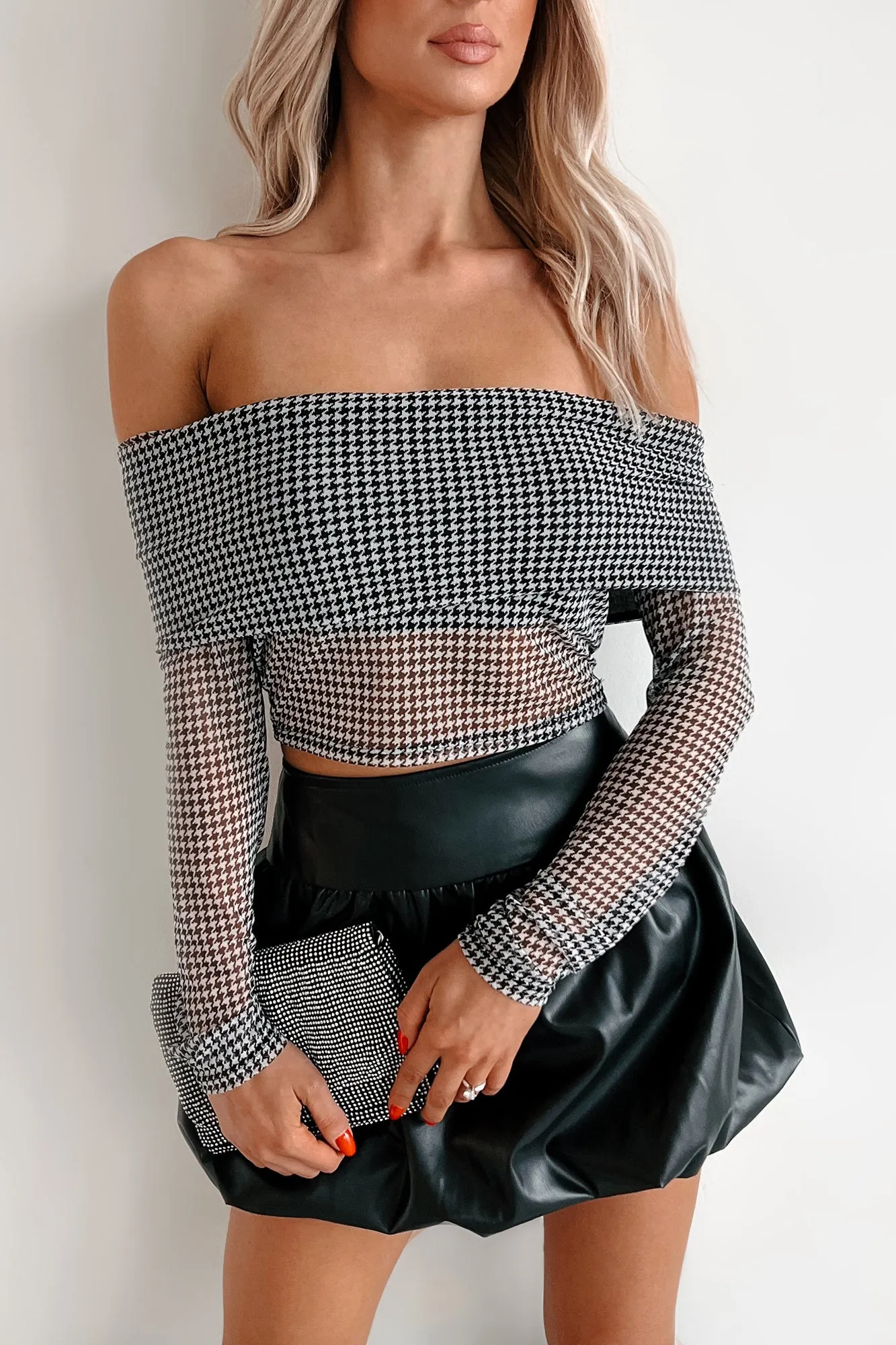 DOORBUSTER Doubt Me Now Off The Shoulder Mesh Top (Houndstooth) YarnDyed Stripes