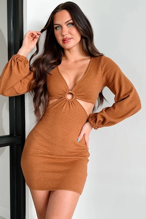 DOORBUSTER Craving Connection Ribbed Long Sleeve Cut-Out Dress (Camel) Relaxed Look Elegant Everyday