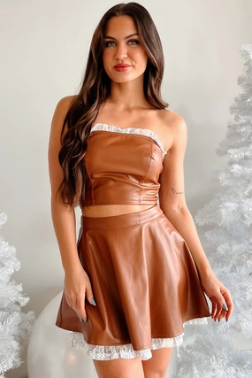 Fun Design DOORBUSTER Flirty Tendencies Ruffle Lace Faux Leather Tube Top (Brown)